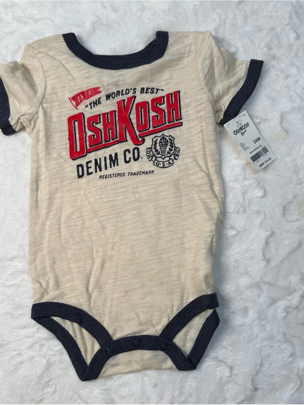 OshKosh B'gosh Cream One-Piece Bodysuit with Navy Trim and Red Logo 24M